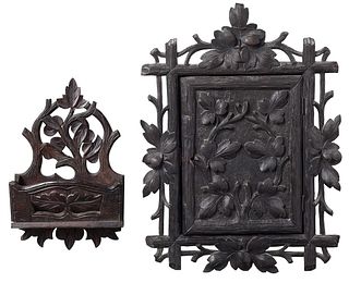 Chip Carved Black Forest Wall Cabinet and Wall Pocket