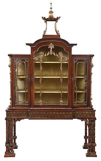 Chinese Chippendale Style Mahogany and Parcel Gilt Vitrine Cabinet on Stand