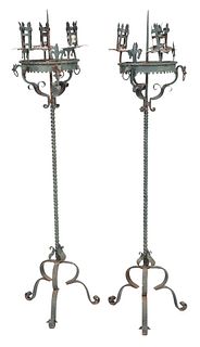 Pair of Gothic Style Wrought Iron Three Light Torchieres