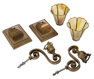 Pair of Arts and Crafts Slag Glass and Gilt Bronze Sconces