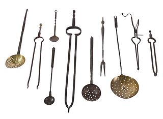 Ten Wrought Iron and Brass Tools