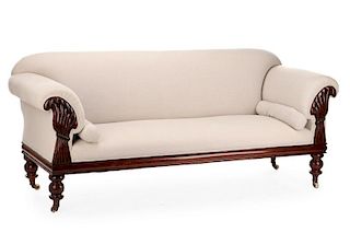 American Empire Style Mahogany Sofa, Beige Linen