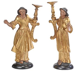 Near Pair of Spanish Gilt and Polychromed Carved Angel Form Candle Holders