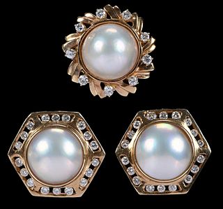 14kt. Mabe Pearl Set, Ring and Earrings with Diamonds