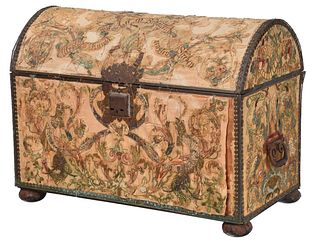 Berlin Needlework Upholstered and Brass Mounted Dome Top Trunk