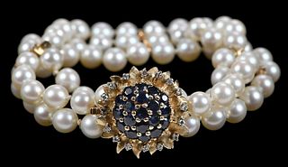 14kt. Three Strand Pearl, Blue Sapphire and  Diamond Bracelet