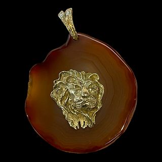 14 kt Yellow Gold and Brown Agate Lionhead Disk Pendant from the Surreal Collection