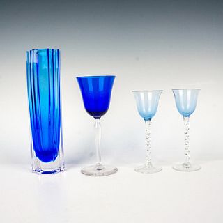 4pc Blue Glass Grouping, 3 Wine/Cordial and a Vase