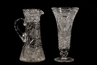 2 Large Pieces American Cut Glass, Vase & Pitcher