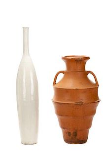 Two Large Floor Vases, White Glaze & Terracotta
