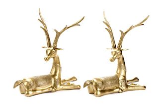 Pair, Sarreid Attr. Seated Brass Deer Sculptures