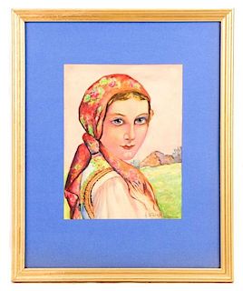 Adam Setkowicz "Young Peasant Girl II", Watercolor