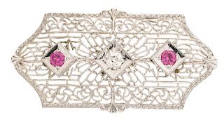 Ladies Art Deco Diamond & Ruby Bar Pin or Brooch