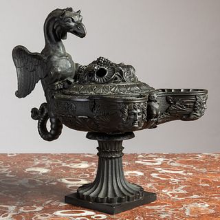 Large Black Patinated-Bronze Model of an Oil Lamp, After the Antique