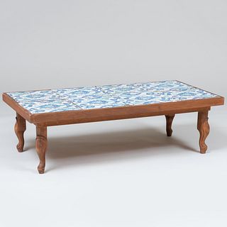 Provincial Stained-Wood Low Table Inset with Eight Iznik Pottery Tiles