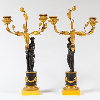 Pair of Late Louis XVI Ormolu and Patinated-Bronze Figural Candelabra