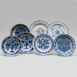 Group of Five Blue and White Delft Chargers and Two English Porcelain Chargers