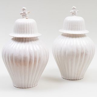 Pair of French Faience White Glazed Jars and Covers in the Asian Taste
