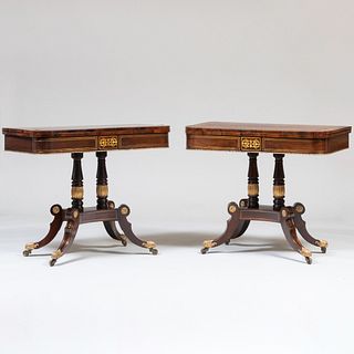 Pair of Fine Regency Brass-Inlaid Rosewood, Ebonized and Parcel-Gilt Card Tables