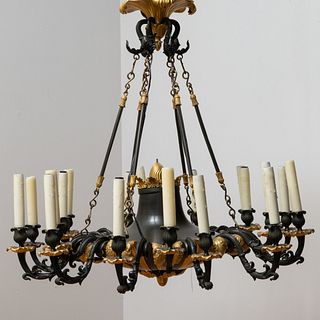 Empire Style Patinated-Bronze and Parcel-Gilt Eighteen-Light Chandelier