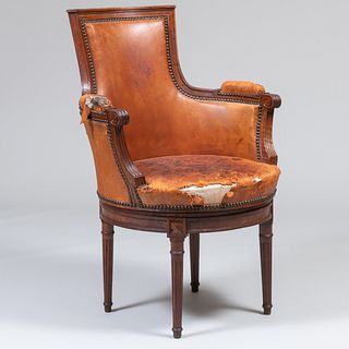 Louis XVI Style Stained Oak and Leather Upholstered Swivel Desk Chair