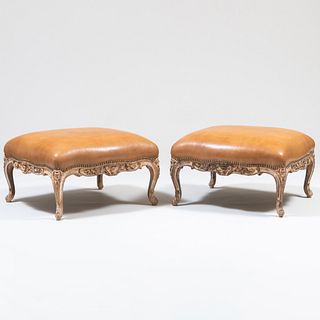 Pair of Louis XV Style Painted and Parcel-Gilt Leather Upholstered Tabourets