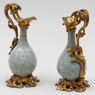 Pair of Louis XV Ormolu-Mounted Chinese Crackle Glazed Celadon Porcelain Ewers