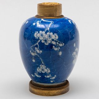 Gilt-Bronze-Mounted Chinese Blue and White Porcelain Vase with Prunus