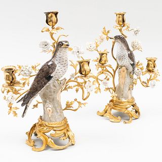 Pair Louis XV Style Gilt-Bronze and Porcelain Three-Light Bird Candelabra