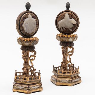 Two Chinese Jade Embellished Gilt-Lacquer Altar Ornaments