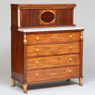 Unusual Continental Neoclassical Gilt-Metal Mounted Mahogany, Giltwood, Fruitwood and Ebony Inlaid Desk 