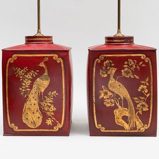 Pair of Tôle Tea Canisters Mounted as Lamps