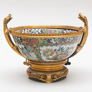 French Ormolu-Mounted Chinese Export Rose Medallion Porcelain Centerbowl