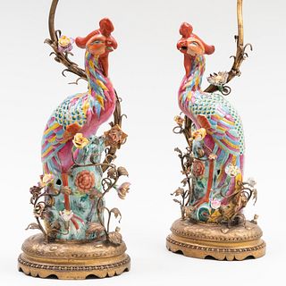 Pair of Chinese Export Porcelain Phoenix Birds Mounted as Lamps