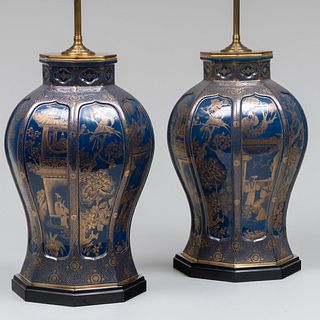 Pair of Gilt-Decorated Powder Blue Ground Jars Mounted as Lamps, Possibly Samson