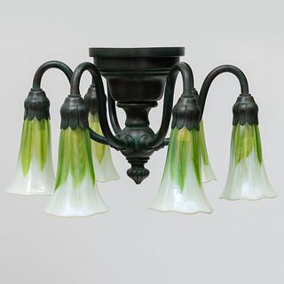 Pair of Tiffany Studios Patinated Bronze and Favrile Glass Six-Light Ceiling Lights