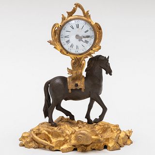 Louis XV/XVI Ormolu and Patinated-Bronze Horse Form Mantel Clock