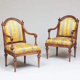 Pair of North Italian Neoclassical Walnut Armchairs, Probably Genoa