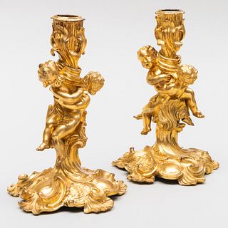 Pair of Louis XV Style Gilt-Bronze Figural Candlesticks