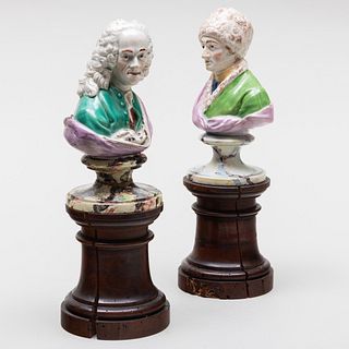 Pair of Staffordshire Pearlware Busts of Voltaire and Rousseau, Possibly Ralph Wood