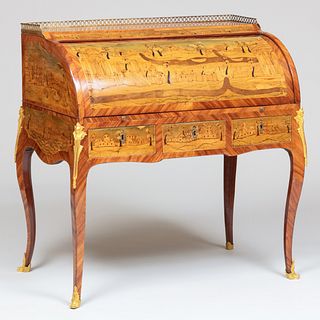 Louis XV/XVI Ormolu-Mounted Tulipwood and Fruitwood Marquetry Roll Top Desk, Attributed to Pierre Roussel