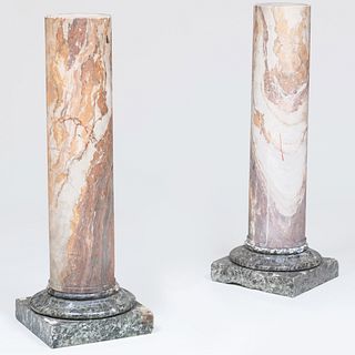 Unusual and Rare Pair of Italian Diaspro Giallo Marble Columns on Verde Antico Marble Bases
