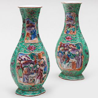 Pair of Chinese Export Green Ground Porcelain Vases