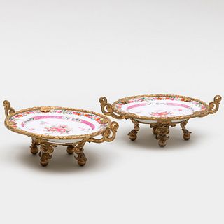 Pair of Gilt-Metal-Mounted Chinese Export Famille Rose Porcelain Sweet Meat Dishes