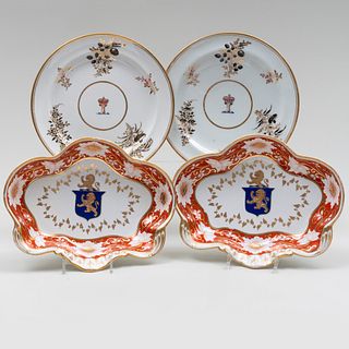 Pair of Chamberlain Worcester Porcelain Plates with Crests and a Pair of Shaped Dishes with Pseudo Crests