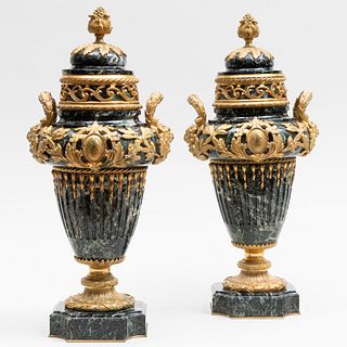 Pair of Louis XVI Style Gilt-Bronze-Mounted Verde Antico Marble Covered Urns