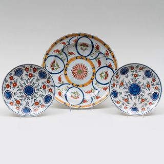 Pair of Dutch Polychrome Delft Pancake Plates and a Charger