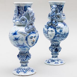 Near Pair of Delft Blue and White Snake Handle Vase