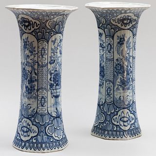 Pair of Dutch Delft Blue and White Ribbed Trumpet Vases