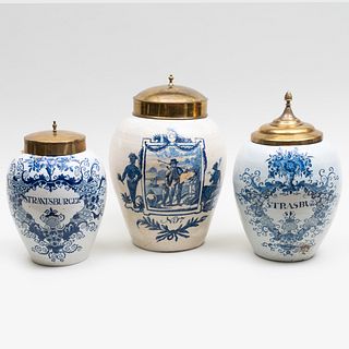 Three Delft Blue and White Tobacco Jars and Three Brass Covers
